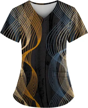 Scrubs for Women Hawaiian Printed V Neck Working T-Shirts Short Sleeve Blouses Easy Care Scrubs Tops with Pocket