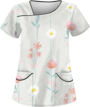 Scrubs for Women Print Slant Collar Nurse Uniforms Dressy Short Sleeve T Shirts Comfy Working Uniforms with 4 Pockets