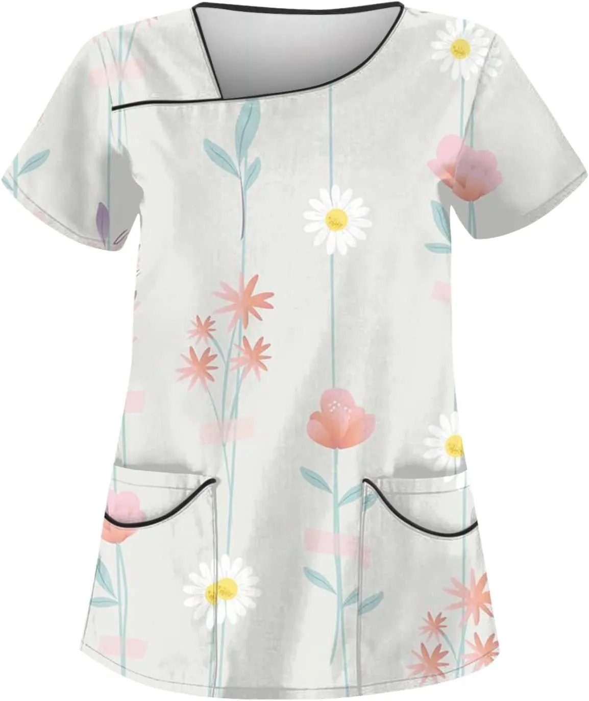 Scrubs for Women Print Slant Collar Nurse Uniforms Dressy Short Sleeve T Shirts Comfy Working Uniforms with 4 Pockets