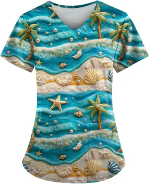 Scrubs for Women V Neck Short Sleeve Scrubs Tops Hawaiian Printed Working T-Shirts Easy Care Blouses with Pocket