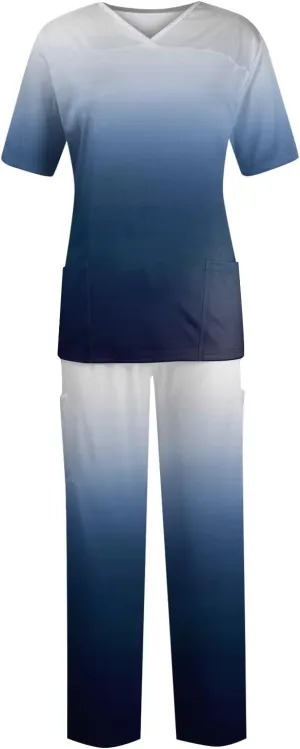 Scrubs Set for Women Nurse Uniform Jogger Suit Stretch Top & Pants with Multi Pocket for Nurse Gradient Workwear