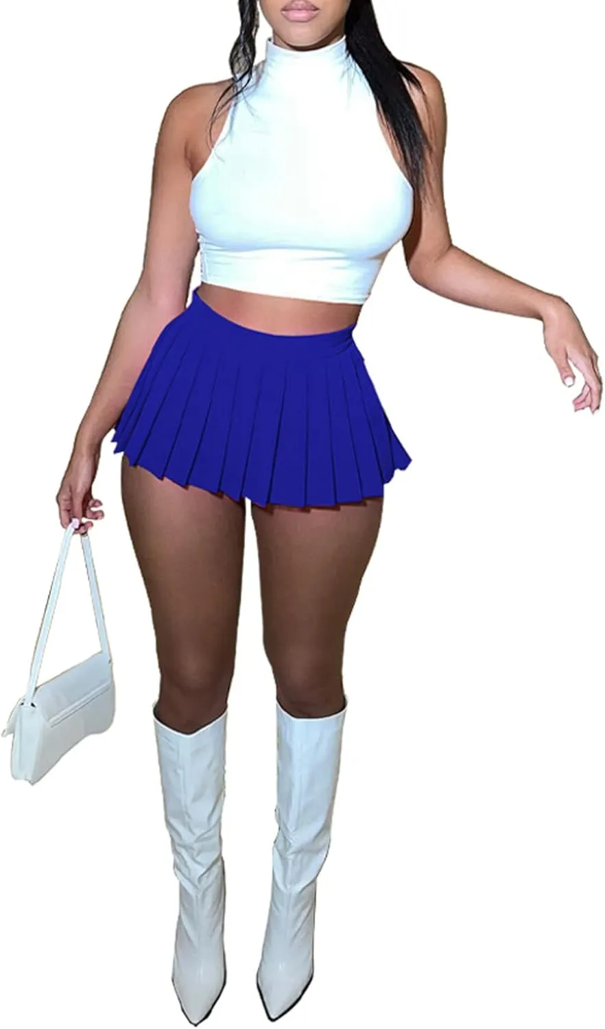 SEMATOMALA Women's Solid Pleated Short Sexy Club Mini Skirt Elastic Waist Y2K Girls Tennis Skater A-line Cheer Skirt