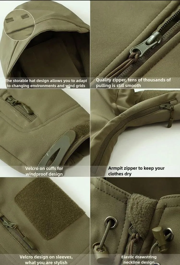SevenBoy Men's Tactical Military Hooded Jacket, Waterproof Softshell,Hunting Multiple Pockets