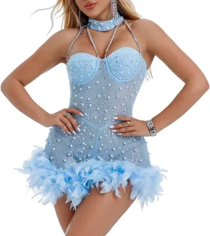 Sexy Feather Rhinestone Backless Mesh Sheer Burlesque Outfit Nightout Clubwear Birthday Party Dress