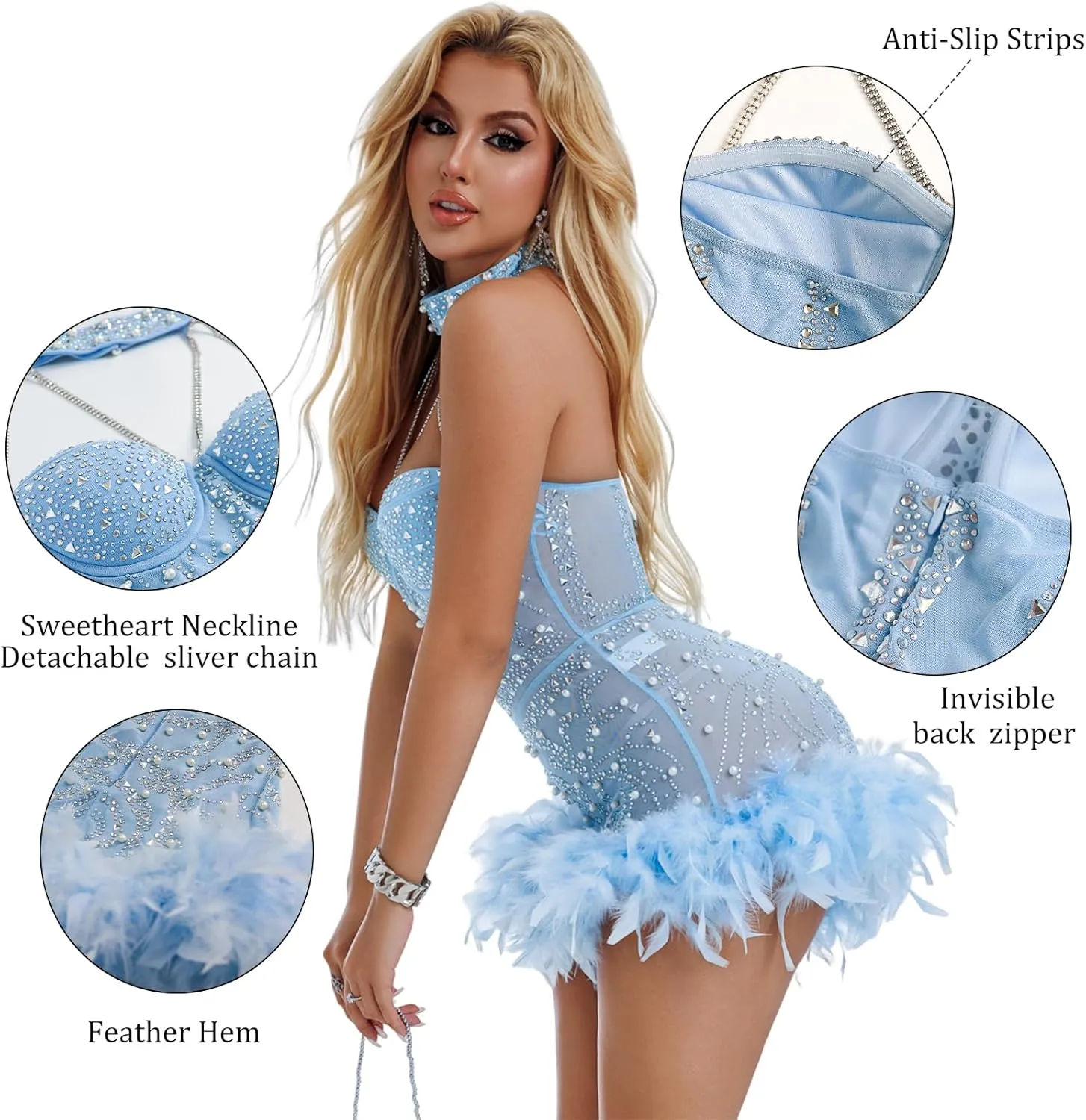 Sexy Feather Rhinestone Backless Mesh Sheer Burlesque Outfit Nightout Clubwear Birthday Party Dress
