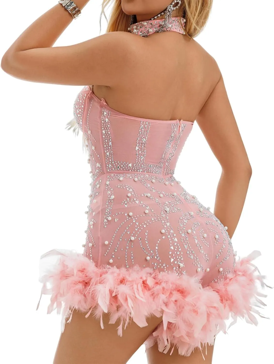 Sexy Feather Rhinestone Backless Mesh Sheer Burlesque Outfit Nightout Clubwear Birthday Party Dress