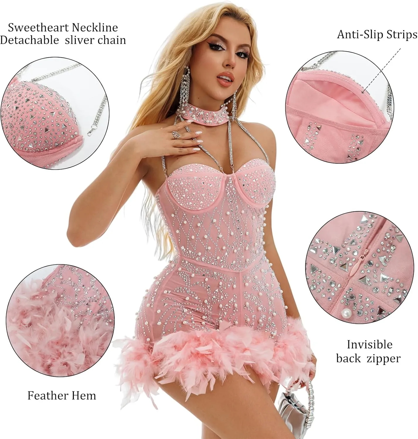 Sexy Feather Rhinestone Backless Mesh Sheer Burlesque Outfit Nightout Clubwear Birthday Party Dress