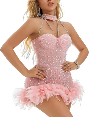 Sexy Feather Rhinestone Backless Mesh Sheer Burlesque Outfit Nightout Clubwear Birthday Party Dress