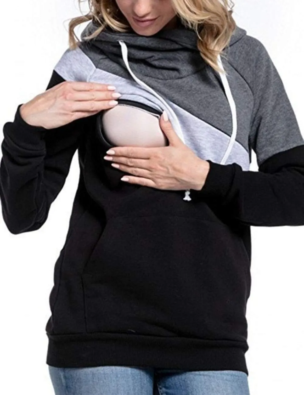 Sexyshine Womens Breastfeeding Maternity Nursing Hoodie Sweatshirt Long Sleeve Patchwork Zipper Pullover Top