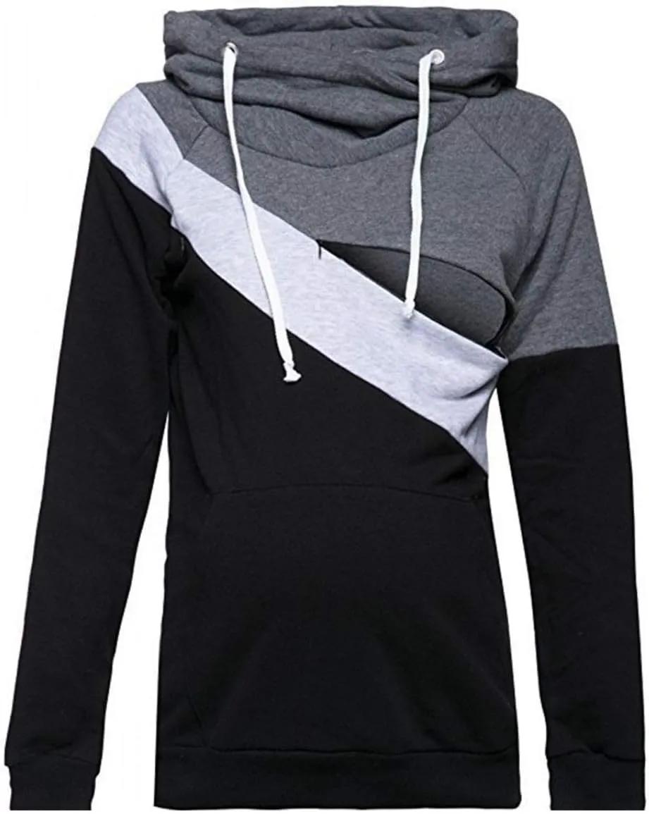 Sexyshine Womens Breastfeeding Maternity Nursing Hoodie Sweatshirt Long Sleeve Patchwork Zipper Pullover Top