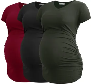 Smallshow Women's V Neck Maternity Clothes Tops Side Ruched Pregnancy T Shirt