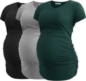 Smallshow Women's V Neck Maternity Clothes Tops Side Ruched Pregnancy T Shirt