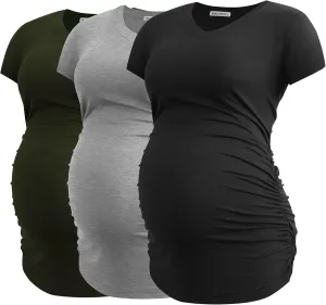 Smallshow Women's V Neck Maternity Clothes Tops Side Ruched Pregnancy T Shirt