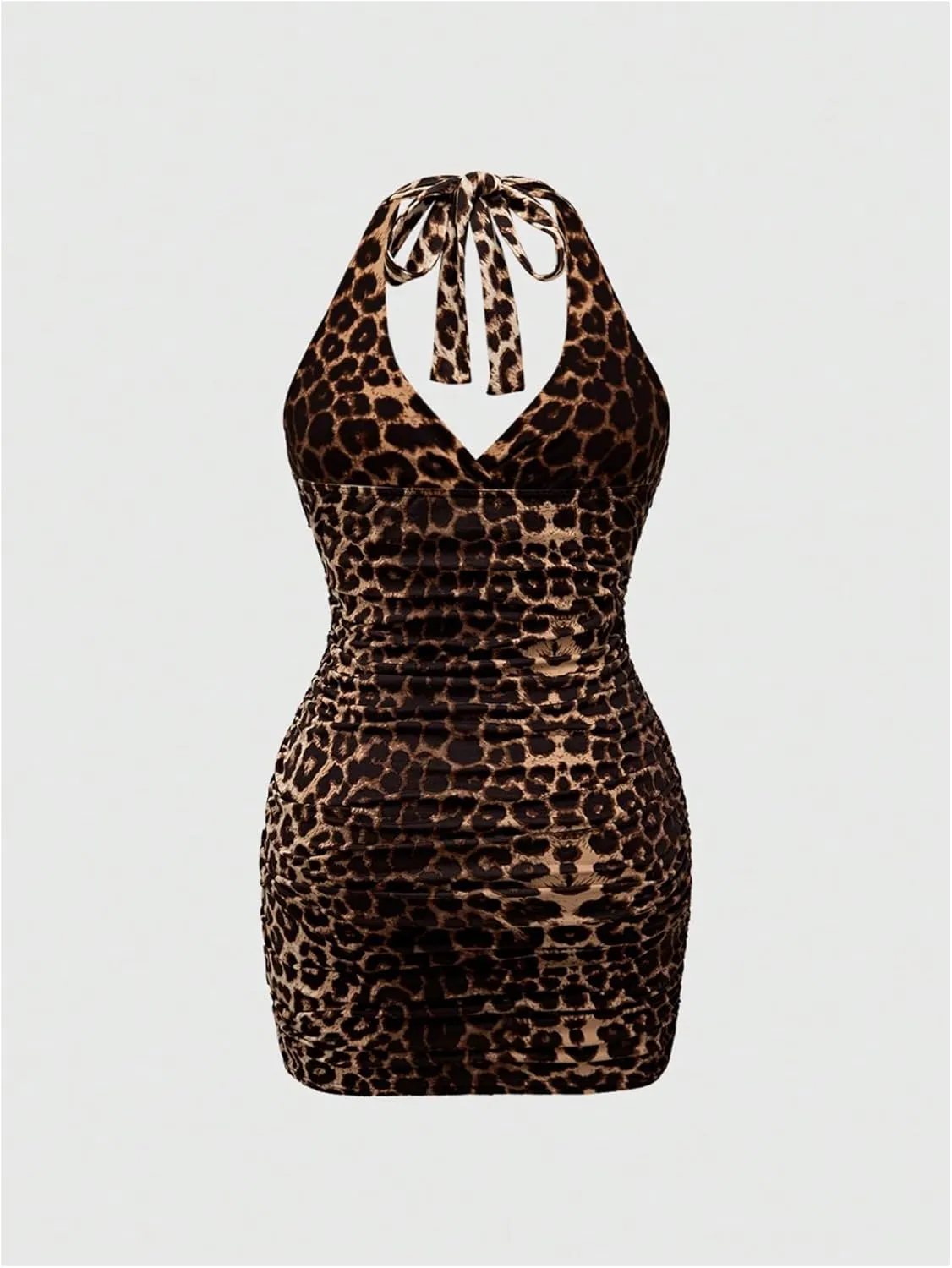 SweatyRocks Women's Plus Size Leopard Print Ruched Halter Bodycon Mini Dresses Clubwear