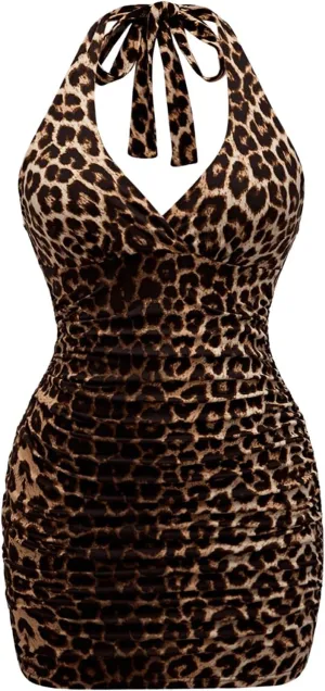 SweatyRocks Women's Plus Size Leopard Print Ruched Halter Bodycon Mini Dresses Clubwear