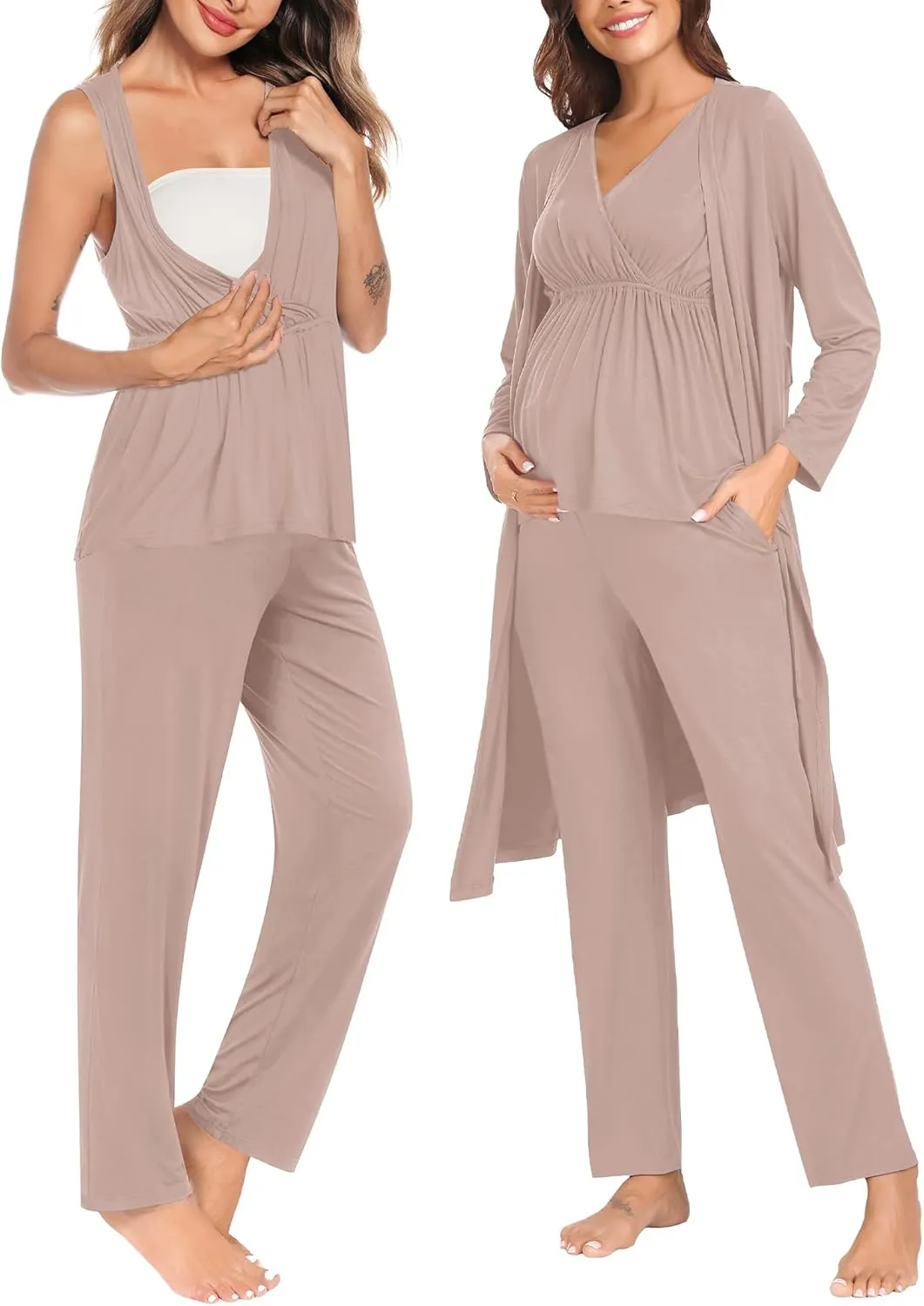SWOMOG Maternity Nursing Robe Set 3 Piece Postpartum Breastfeeding Pajamas 3 in 1 Hospital Labor Delivery Pregnancy Pjs