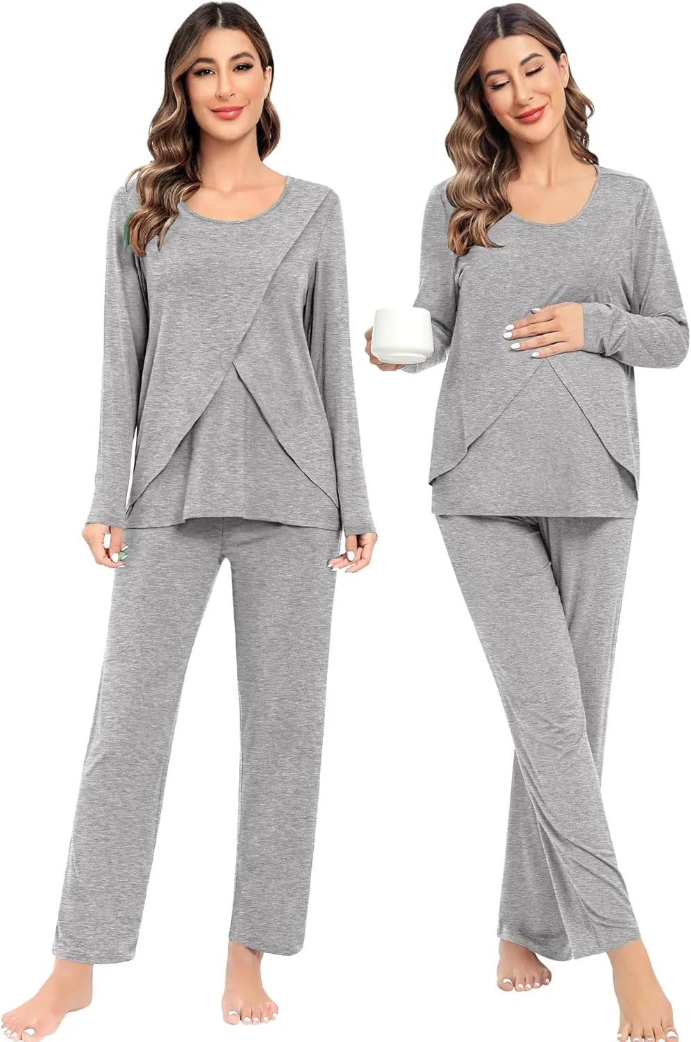 SWOMOG Women Maternity Pajama Set Nursing Pjs Double Layer Long Sleeve Top & Pants Breastfeeding Pregnancy Set with Pockets