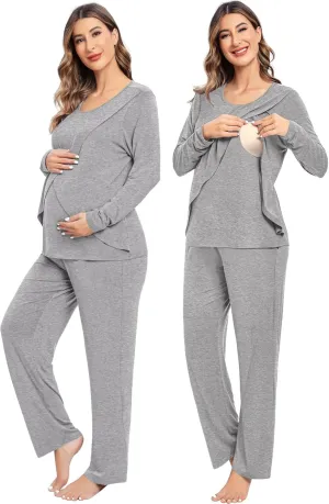 SWOMOG Women Maternity Pajama Set Nursing Pjs Double Layer Long Sleeve Top & Pants Breastfeeding Pregnancy Set with Pockets