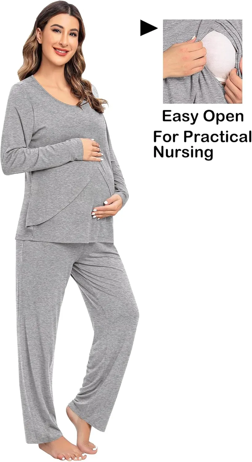 SWOMOG Women Maternity Pajama Set Nursing Pjs Double Layer Long Sleeve Top & Pants Breastfeeding Pregnancy Set with Pockets