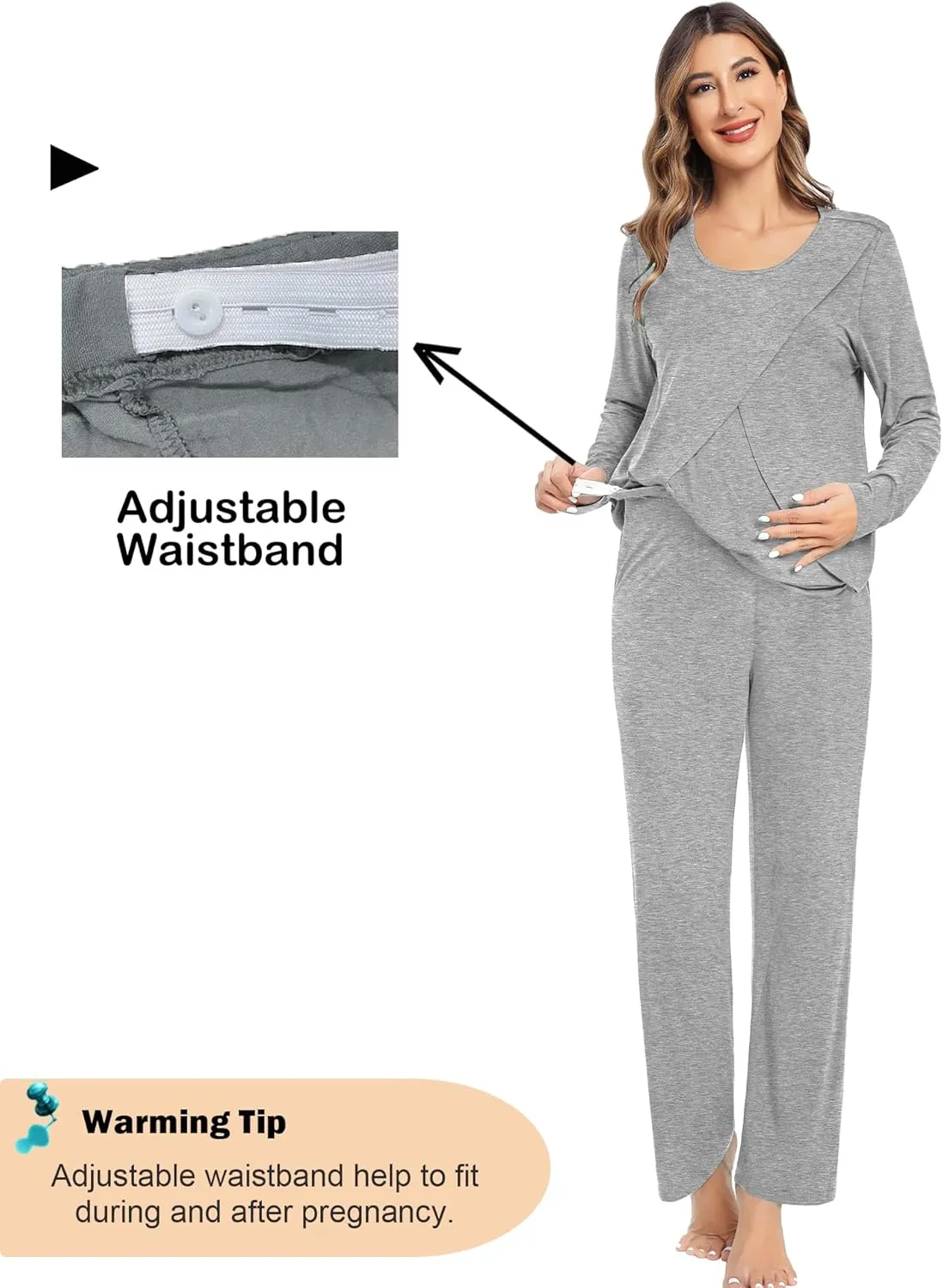 SWOMOG Women Maternity Pajama Set Nursing Pjs Double Layer Long Sleeve Top & Pants Breastfeeding Pregnancy Set with Pockets