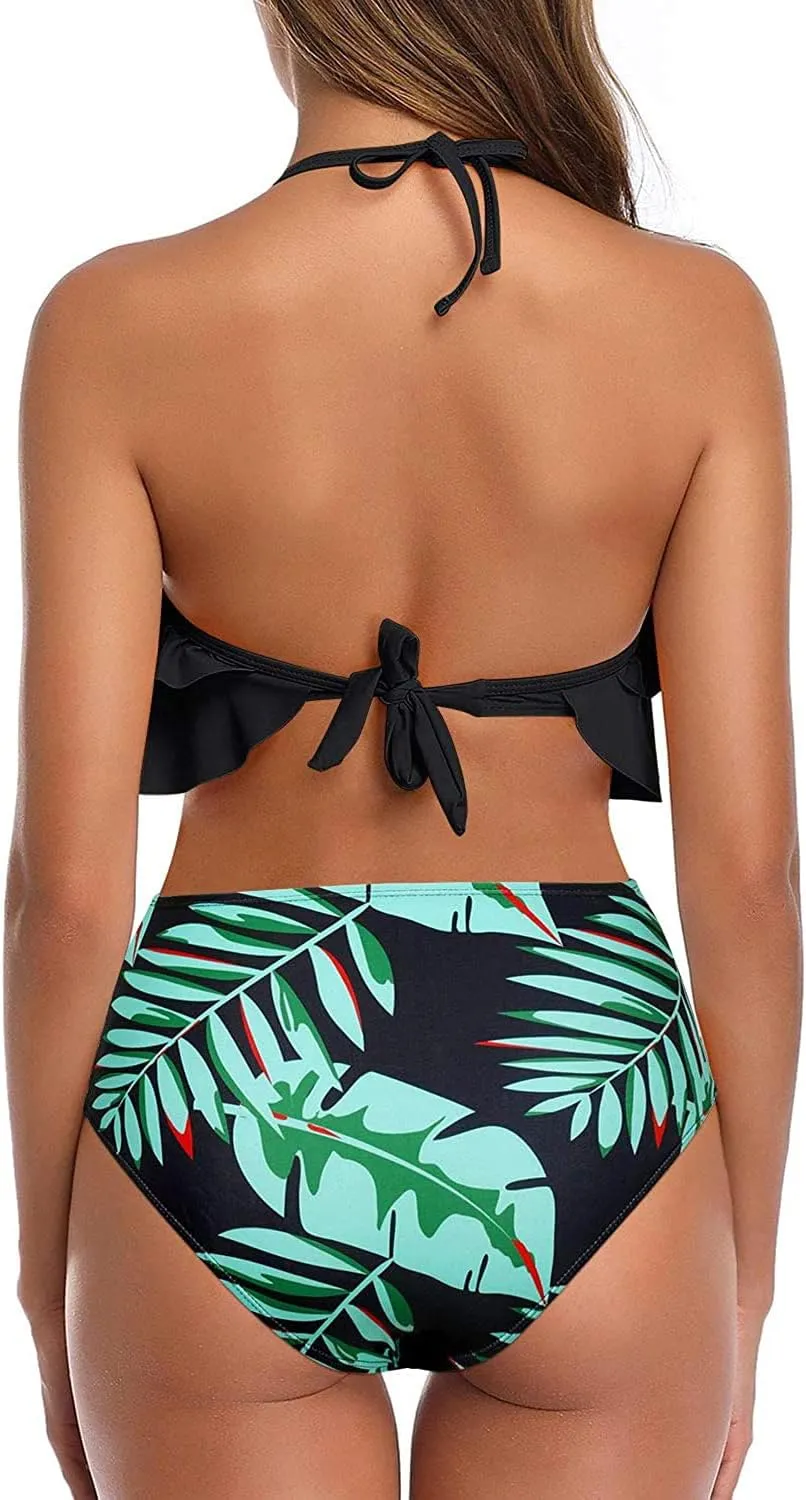 Tempt Me Women Two Piece Swimsuits High Waisted Bikini Teen Ruffle Tummy Control Bottoms Halter Bathing Suits