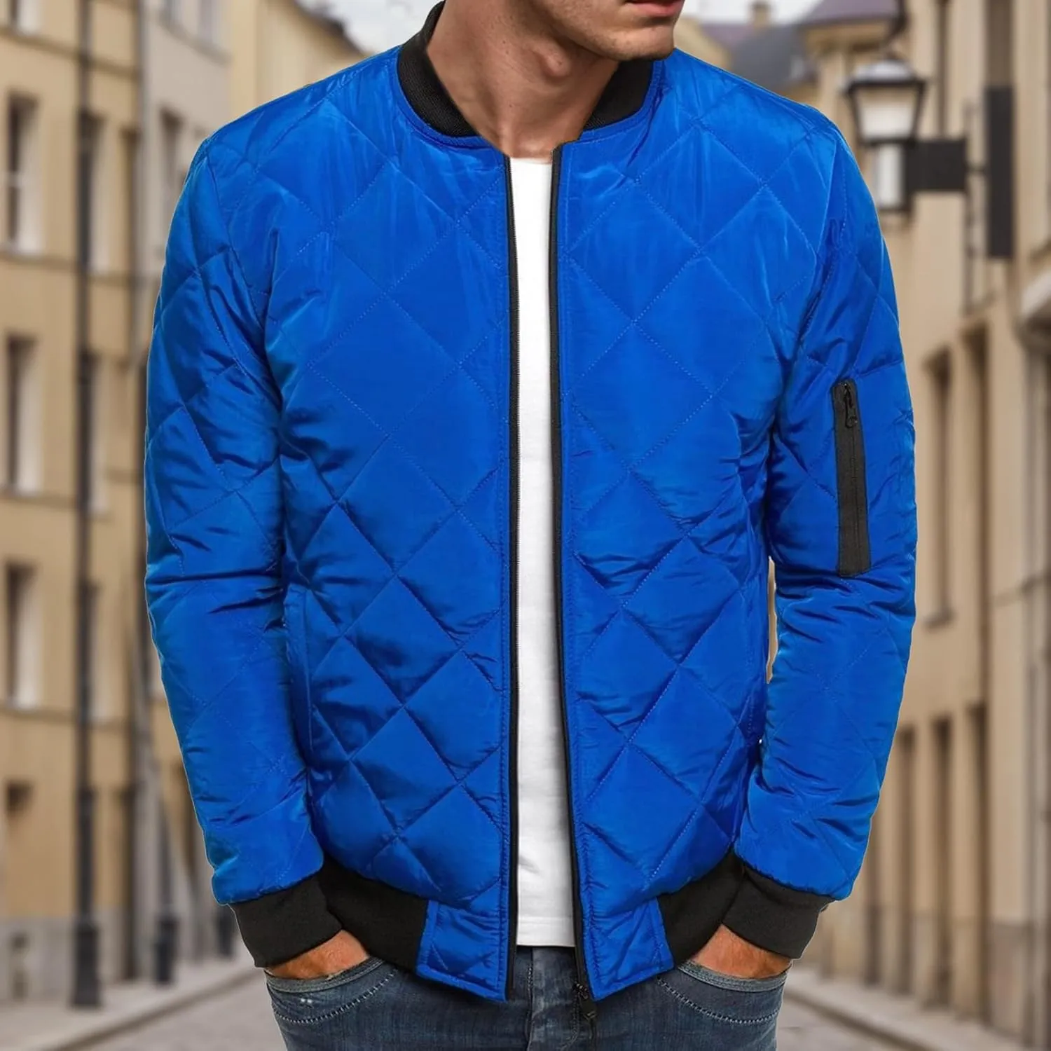 Thatrich Mens Bomber Jacket Lightweight Diamond Quilted Jacket Zip Up Puffer Coat Cropped Winter Jackets Long Sleeve Outwear