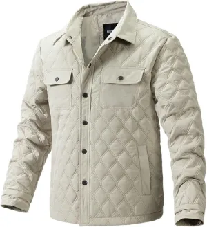 Thatrich Mens Diamond Quilted Lightweight Jacket Button Down Lapel Shirt Long Sleeve Winter Coat Warm Outdoor Jacket Outwear