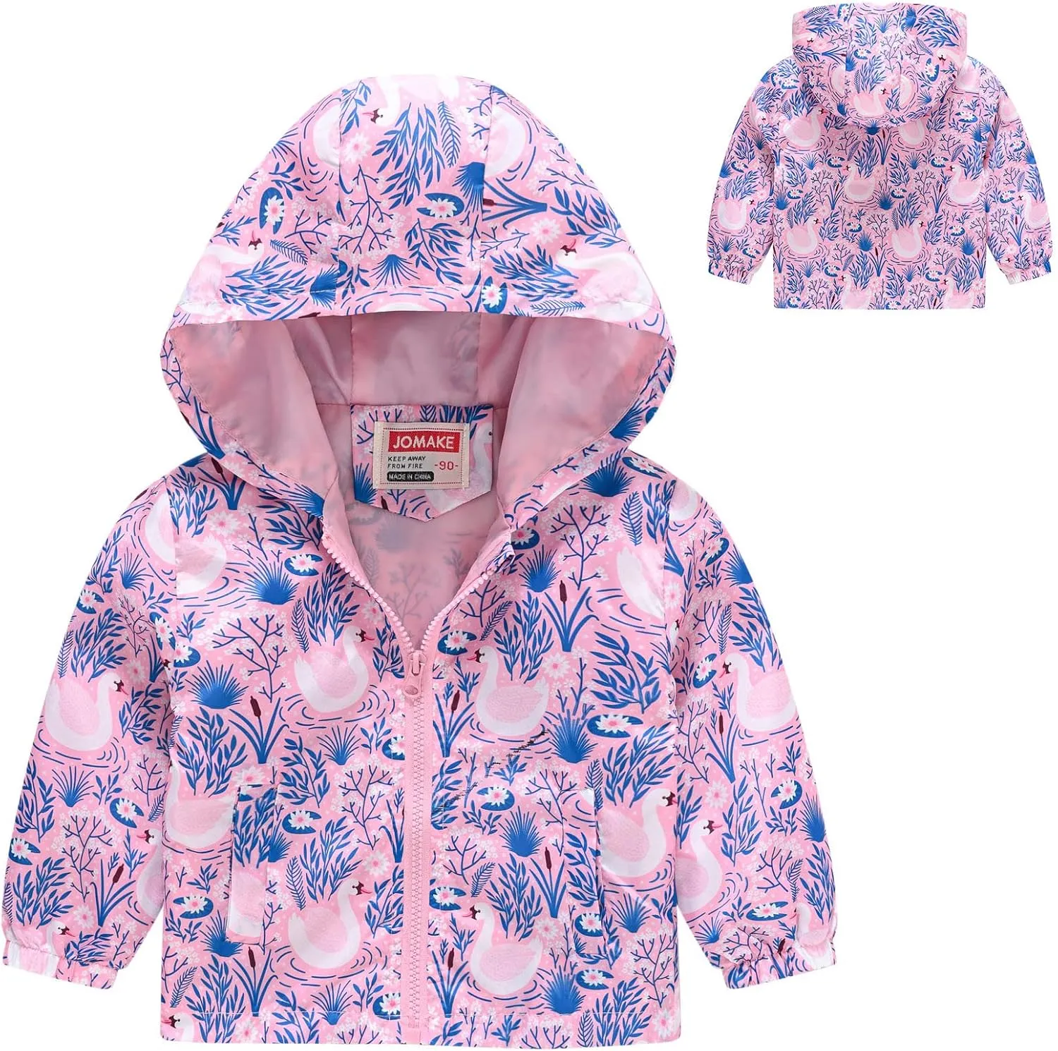 Toddler Boys Girls Floral Print Zip Jacket Hooded Trench Lightweight Kids Rain Coats Windbreaker Casual Outerwear
