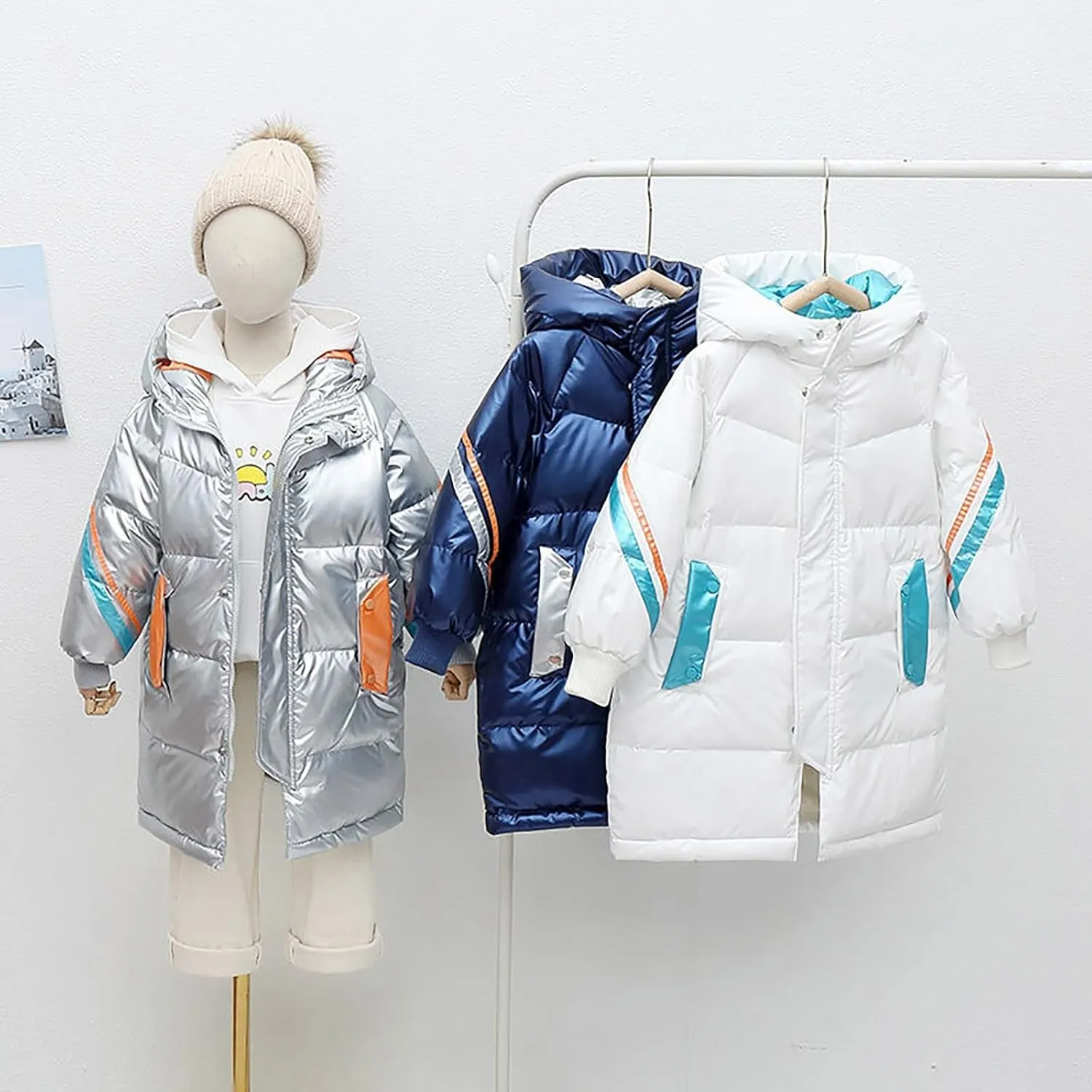 Toddler Girls Boys Metallic Winter Warm Coat Long Puffer Jacket Insulated Shiny Down Hooded Water 𝐑esistant Coat