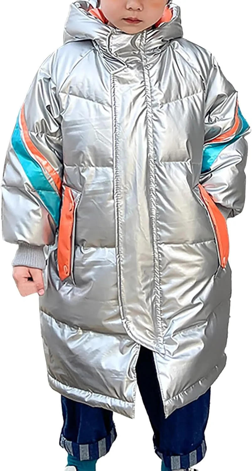 Toddler Girls Boys Metallic Winter Warm Coat Long Puffer Jacket Insulated Shiny Down Hooded Water 𝐑esistant Coat
