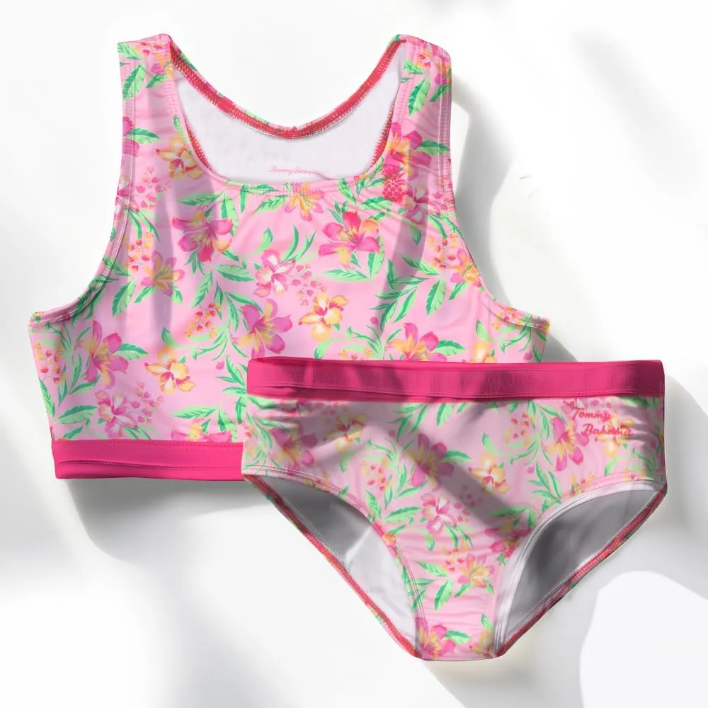 Tommy Bahama Girls 2-Piece Swimsuit Set, Racerback Top and Bikini Bottoms, Quick-Drying Tropical Print Swimwear for Kids
