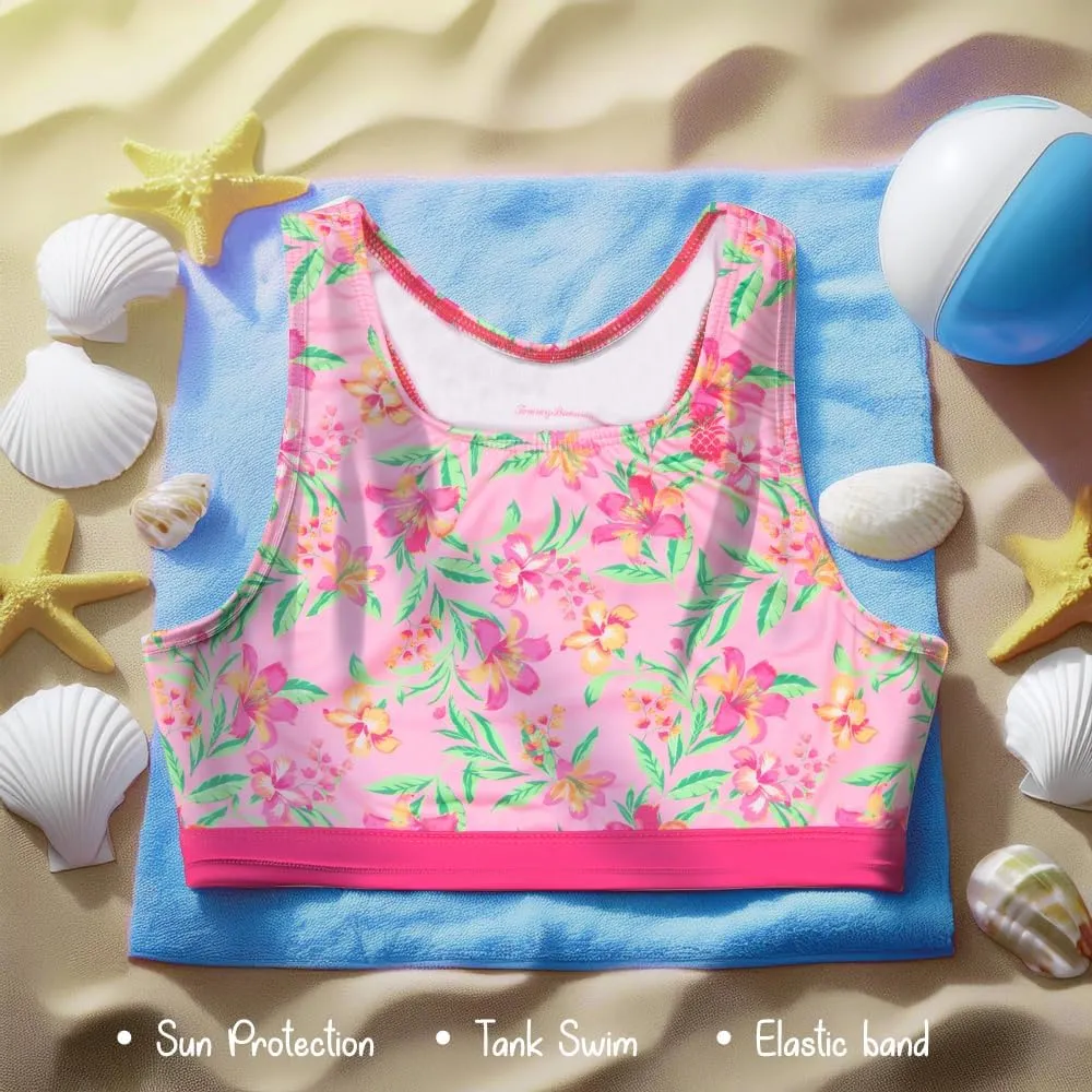 Tommy Bahama Girls 2-Piece Swimsuit Set, Racerback Top and Bikini Bottoms, Quick-Drying Tropical Print Swimwear for Kids