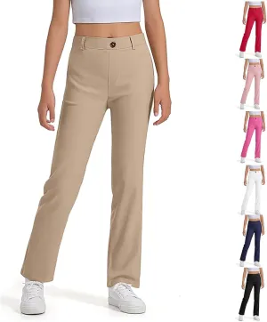 Uniform Pants for Girls,Kids High Waisted Straight Leg Dress Pants,Casual Stretchy Trousers with Pockets Size 5-14 Years