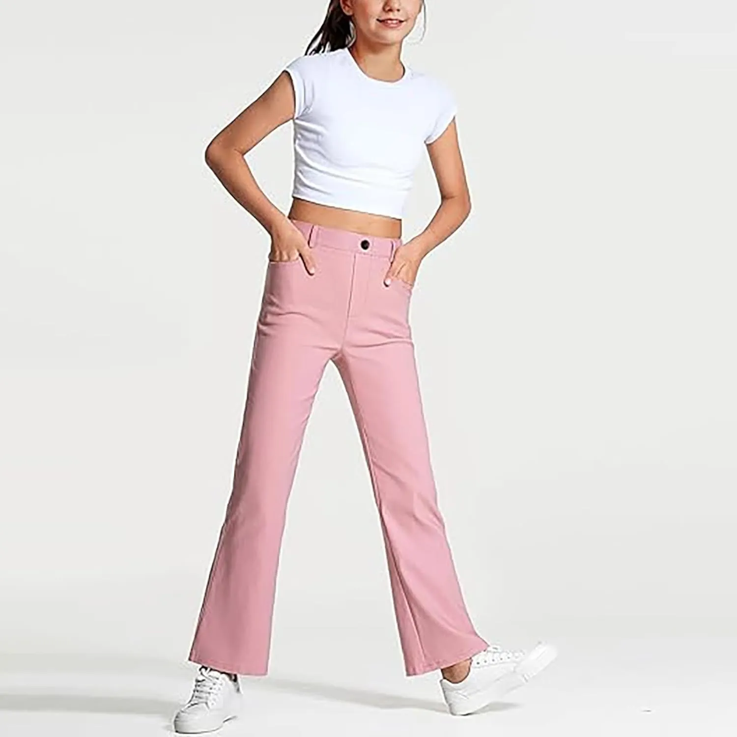 Uniform Pants for Girls,Kids High Waisted Straight Leg Dress Pants,Casual Stretchy Trousers with Pockets Size 5-14 Years