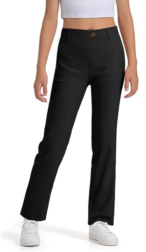 Uniform Pants for Girls,Kids High Waisted Straight Leg Dress Pants,Casual Stretchy Trousers with Pockets Size 5-14 Years