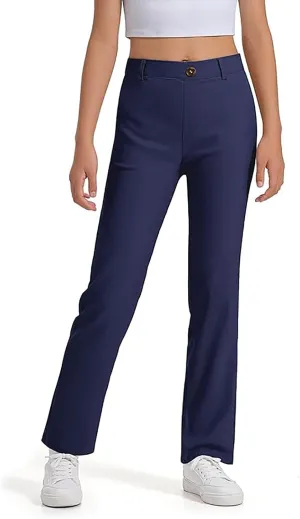 Uniform Pants for Girls,Kids High Waisted Straight Leg Dress Pants,Casual Stretchy Trousers with Pockets Size 5-14 Years