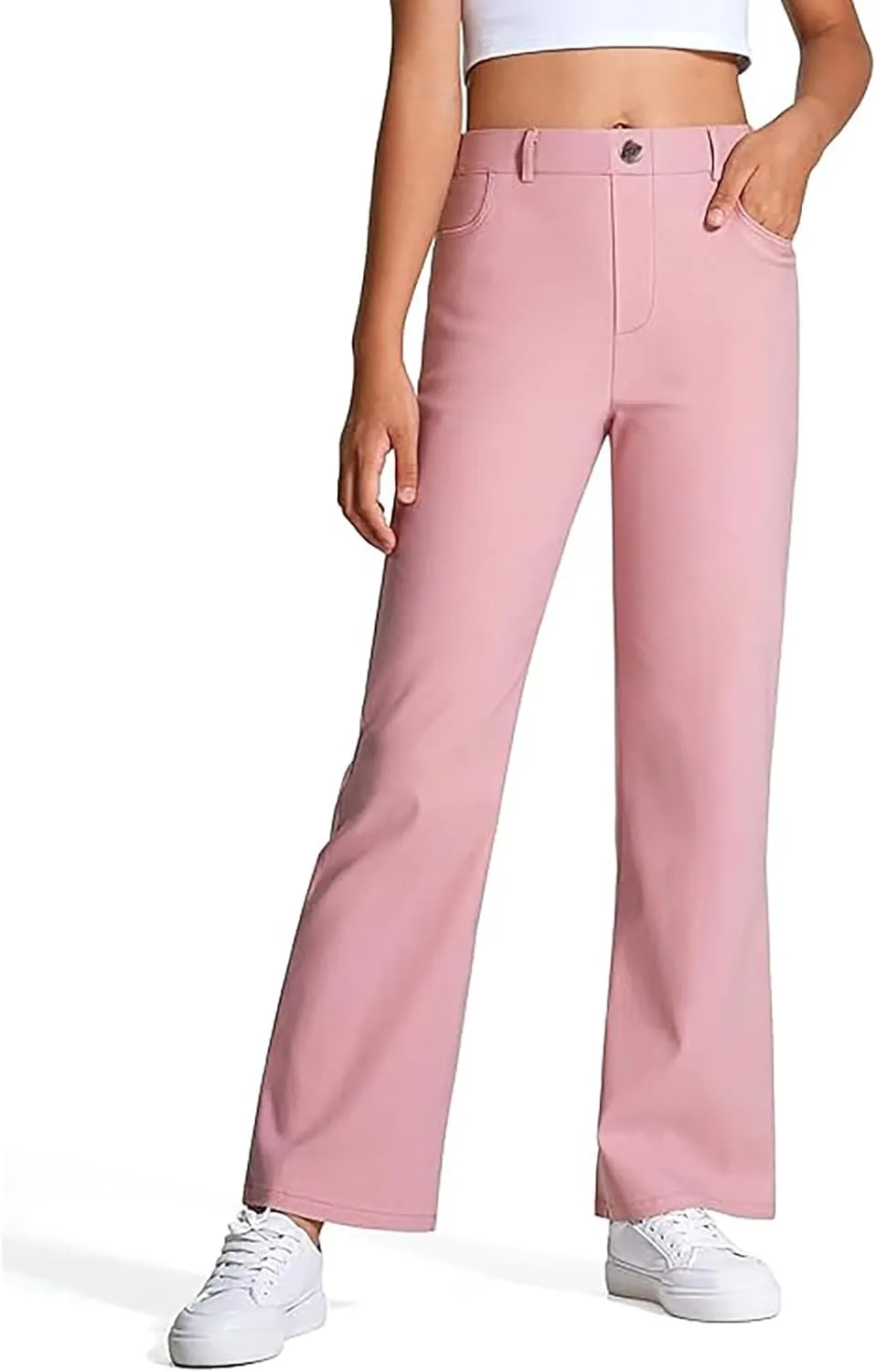 Uniform Pants for Girls,Kids High Waisted Straight Leg Dress Pants,Casual Stretchy Trousers with Pockets Size 5-14 Years