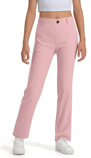 Uniform Pants for Girls,Kids High Waisted Straight Leg Dress Pants,Casual Stretchy Trousers with Pockets Size 5-14 Years