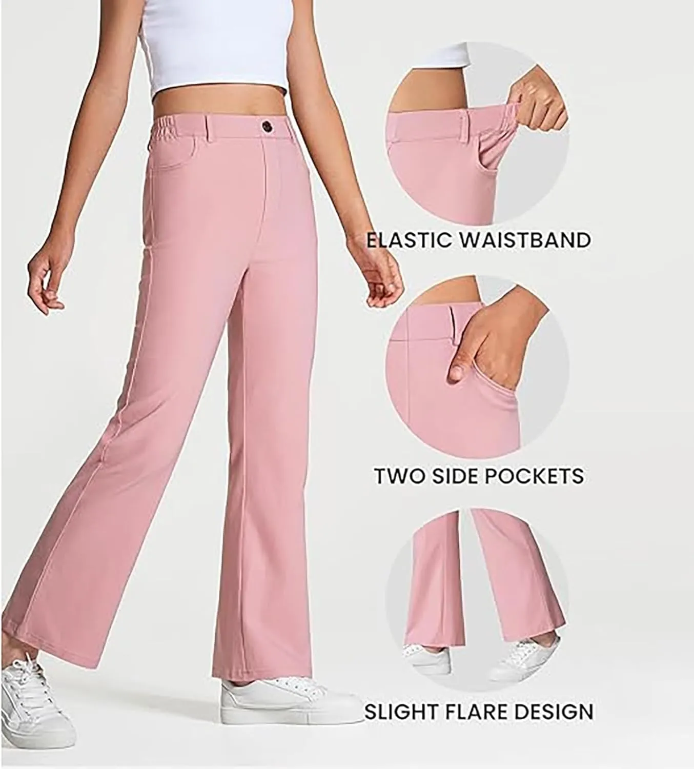 Uniform Pants for Girls,Kids High Waisted Straight Leg Dress Pants,Casual Stretchy Trousers with Pockets Size 5-14 Years