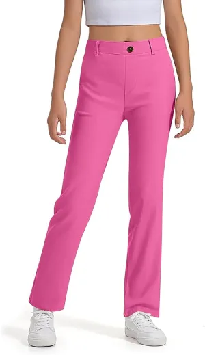 Uniform Pants for Girls,Kids High Waisted Straight Leg Dress Pants,Casual Stretchy Trousers with Pockets Size 5-14 Years