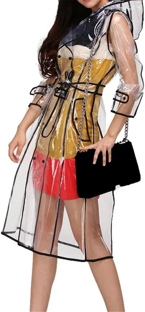 Unisex Clear PVC Trench Coat Belted Hooded Weather-Resistant Spring Cycling Gear