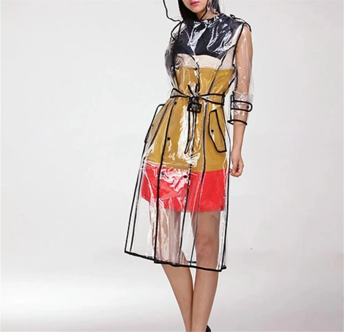 Unisex Clear PVC Trench Coat Belted Hooded Weather-Resistant Spring Cycling Gear