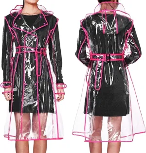 Unisex Clear PVC Trench Coat Belted Hooded Weather-Resistant Spring Cycling Gear