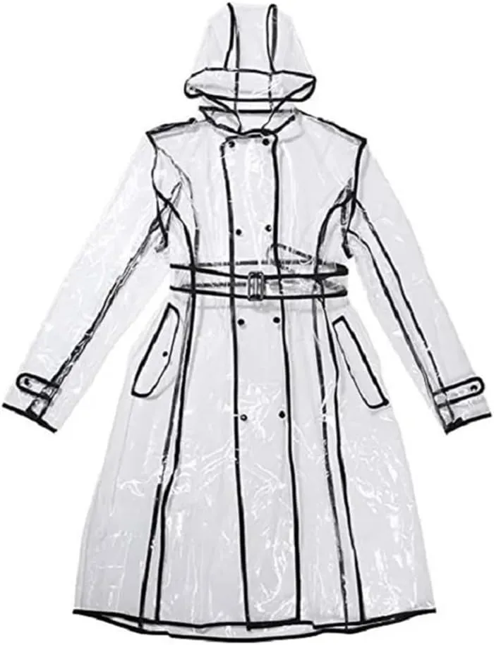 Unisex Clear PVC Trench Coat Belted Hooded Weather-Resistant Spring Cycling Gear