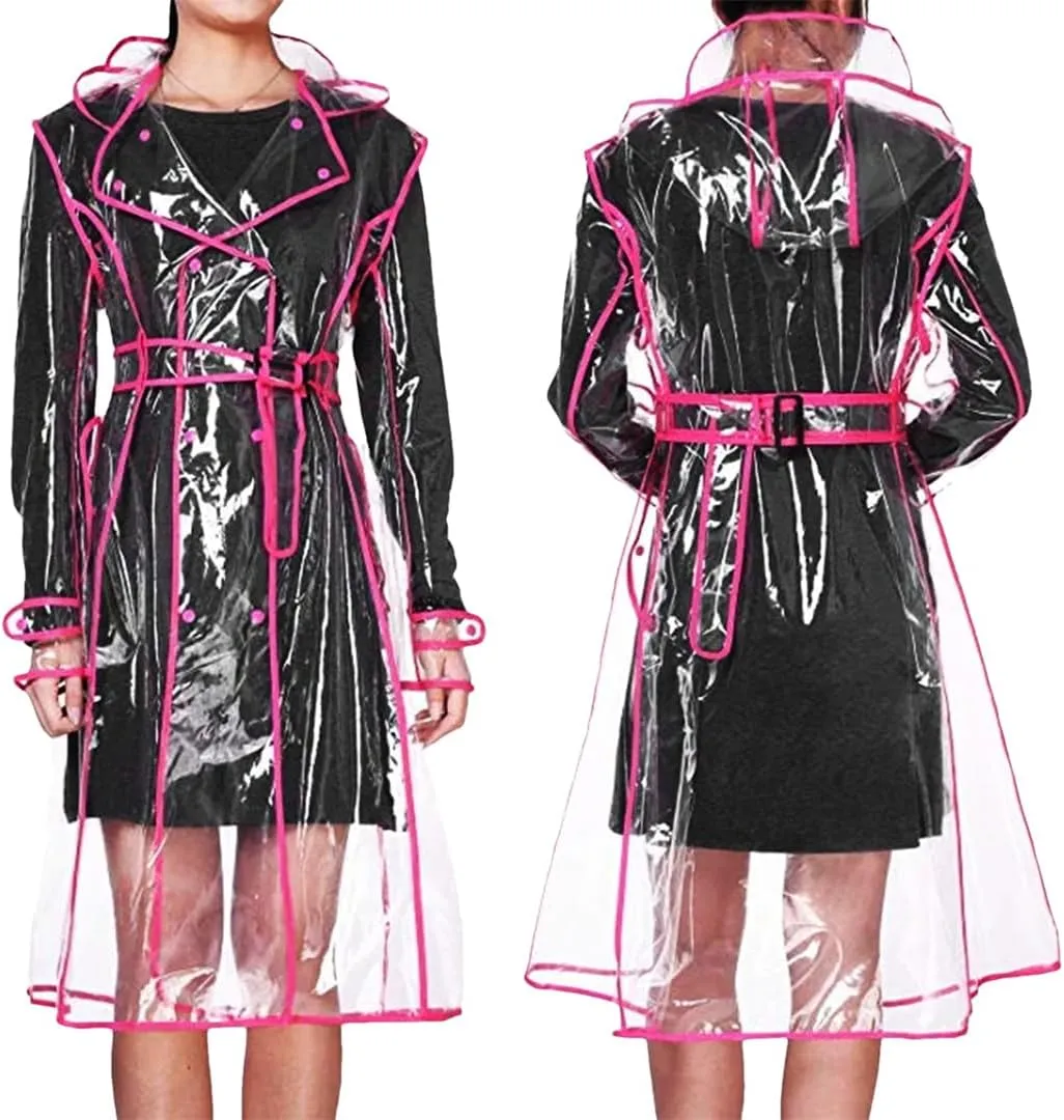 Unisex Clear PVC Trench Coat Belted Hooded Weather-Resistant Spring Cycling Gear