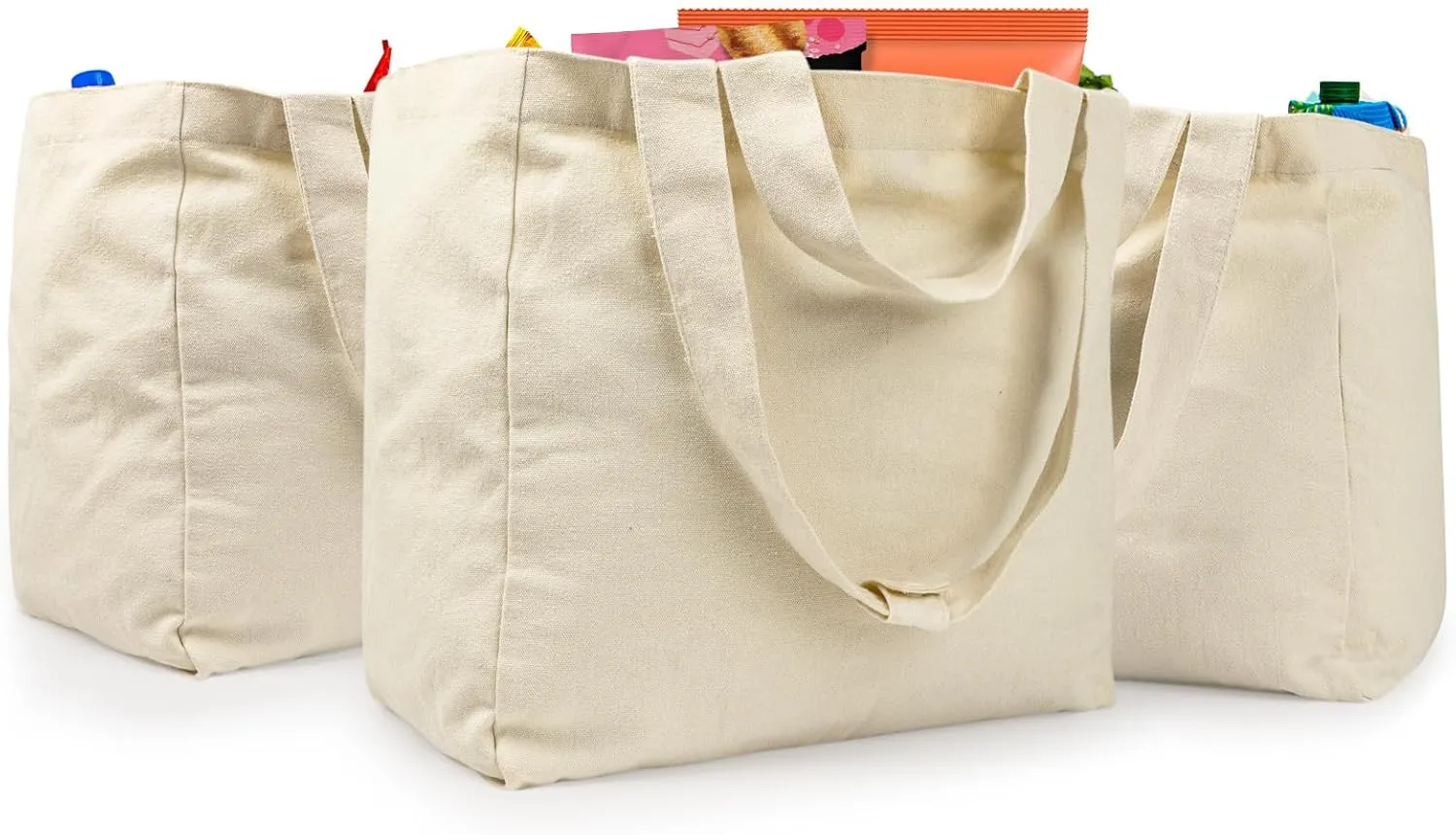 Upgraded Canvas Grocery Bags 3pcs XL Set, All in One Reusable Shopping Bags with Dual Handles, Inner Pockets, Shrink Resistant, Foldable