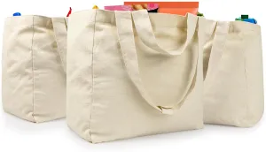 Upgraded Canvas Grocery Bags 3pcs XL Set, All in One Reusable Shopping Bags with Dual Handles, Inner Pockets, Shrink Resistant, Foldable