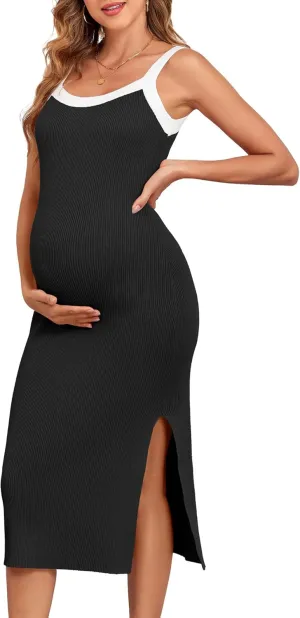 V FOR CITY Maternity Dresses Sleeveless Rib Knit Slit Baby Shower Dress Casual Square Neck Bodycon Pregnancy Outfits