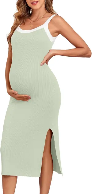 V FOR CITY Maternity Dresses Sleeveless Rib Knit Slit Baby Shower Dress Casual Square Neck Bodycon Pregnancy Outfits