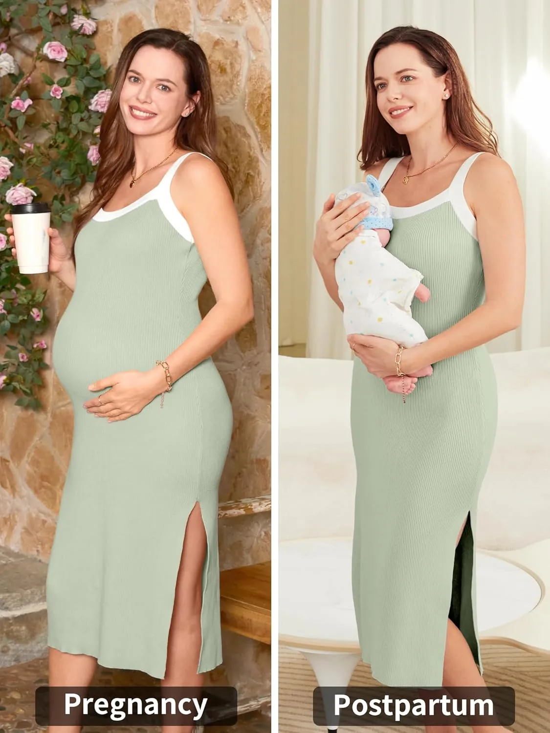 V FOR CITY Maternity Dresses Sleeveless Rib Knit Slit Baby Shower Dress Casual Square Neck Bodycon Pregnancy Outfits